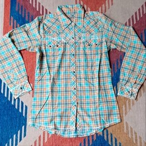 Rock 47 by Wrangler Cowgirl Cowboy Long Sleeve Plaid Snap Shirt M